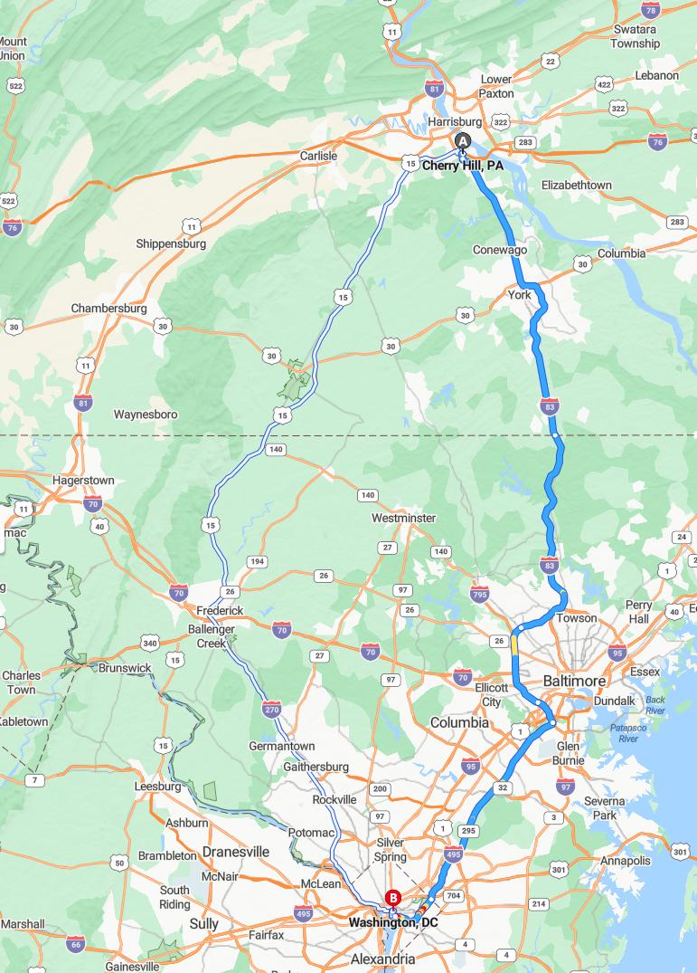 driving from Cherry Hill, Pennsylvania to WashingtonDistrict of Columbia - map and route