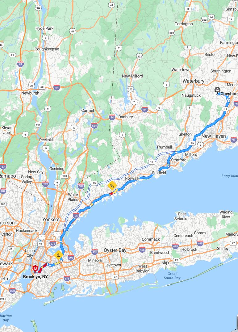 driving from Cheshire, Connecticut to BrooklynNew York - map and route