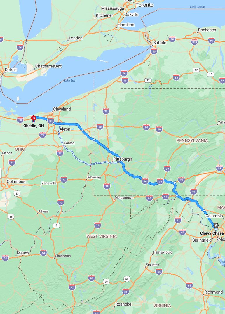 driving from Chevy Chase, Maryland to OberlinOhio - map and route