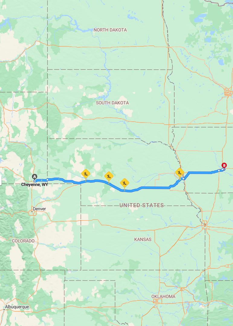 driving from Cheyenne, Wyoming to AltoonaIowa - map and route