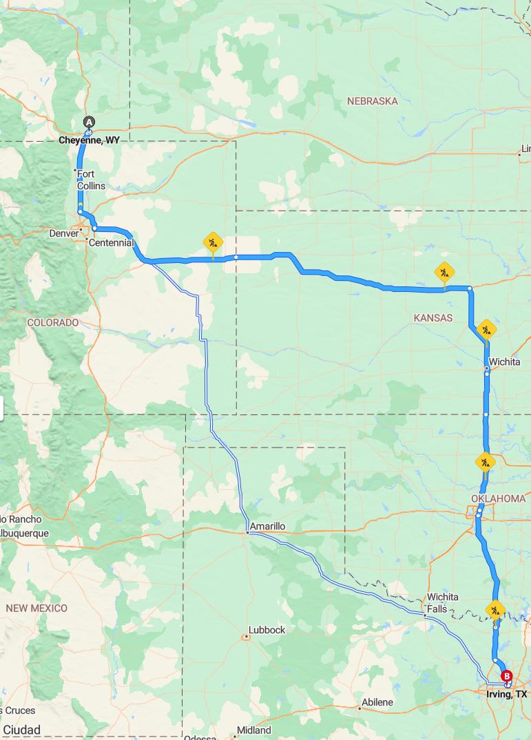 driving from Cheyenne, Wyoming to IrvingTexas - map and route