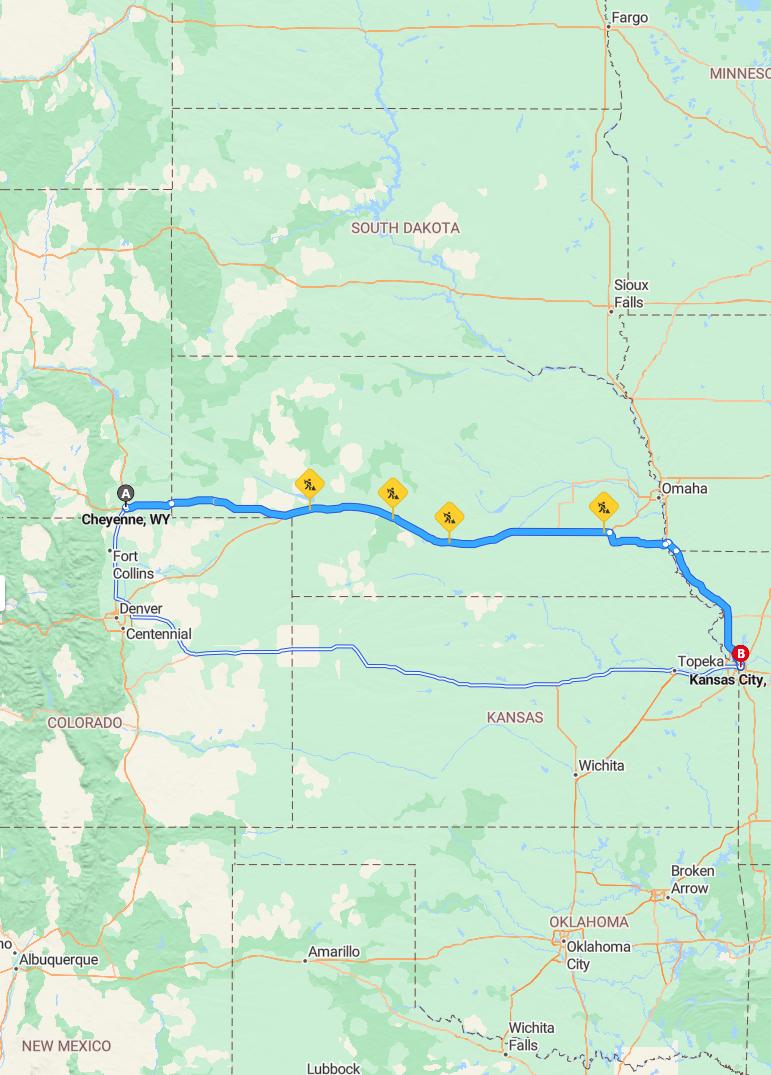 driving from Cheyenne, Wyoming to Kansas CityMissouri - map and route