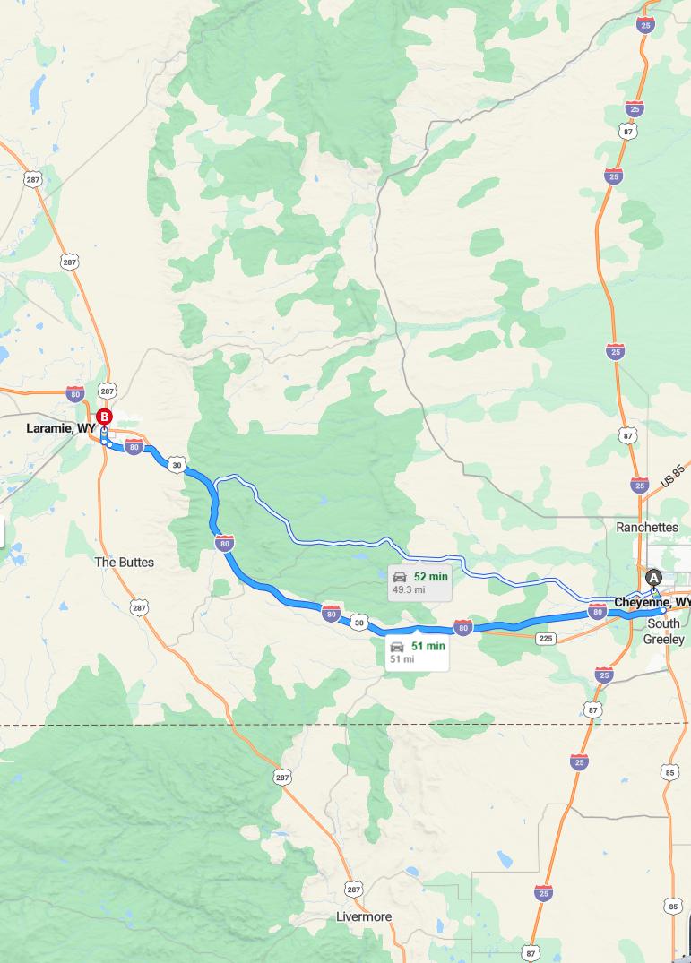 driving from Cheyenne, Wyoming to LaramieWyoming - map and route