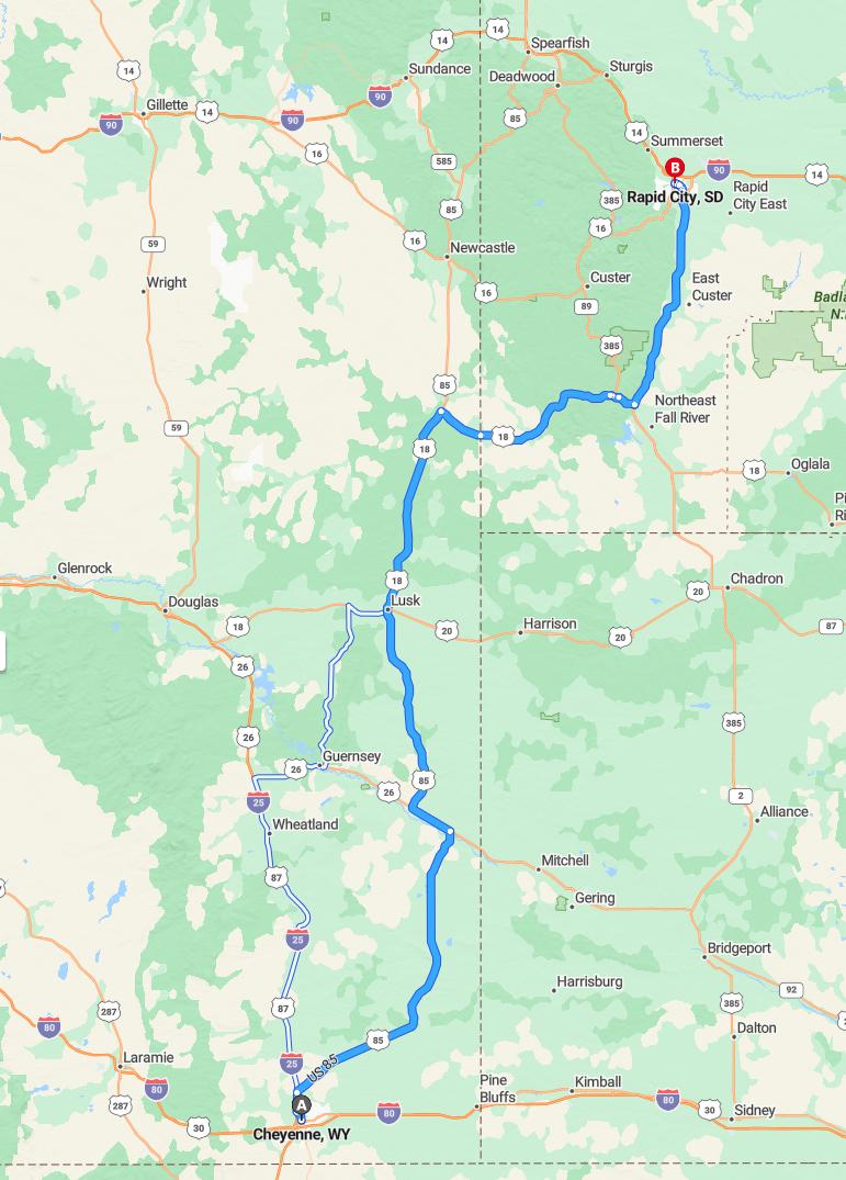 driving from Cheyenne, Wyoming to Rapid CitySouth Dakota - map and route