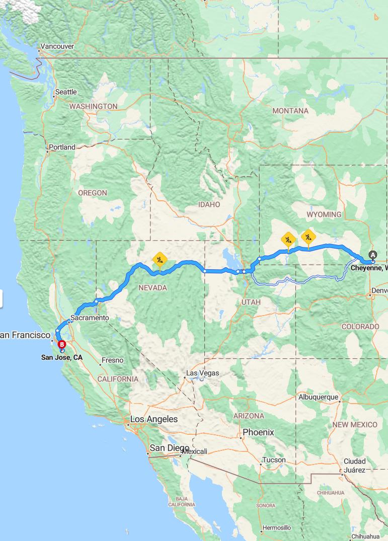 driving from Cheyenne, Wyoming to San JoseCalifornia - map and route