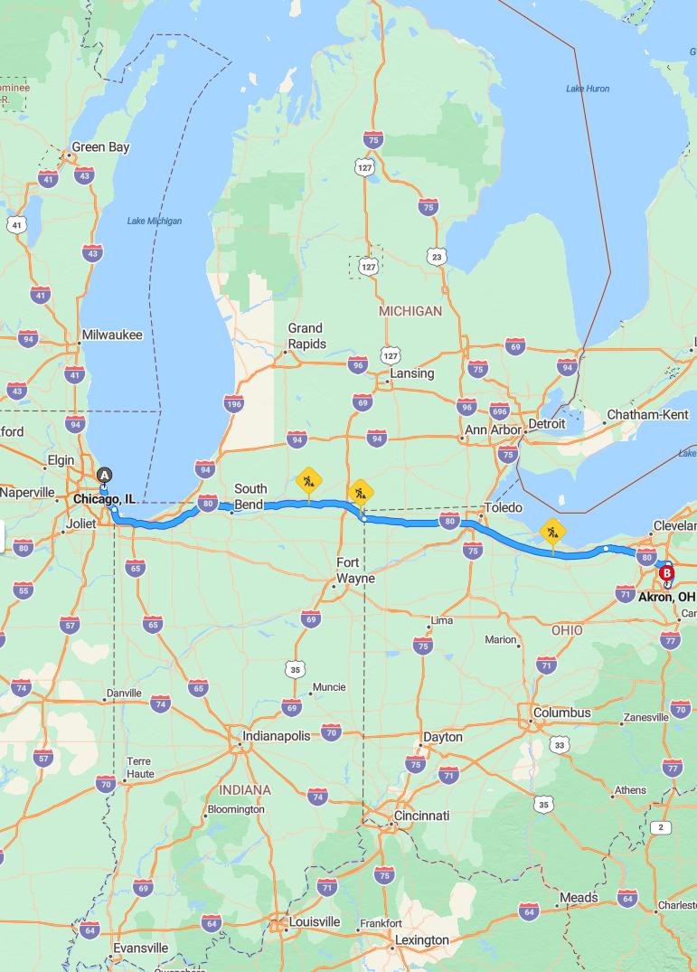 driving from Chicago, Illinois to AkronOhio - map and route