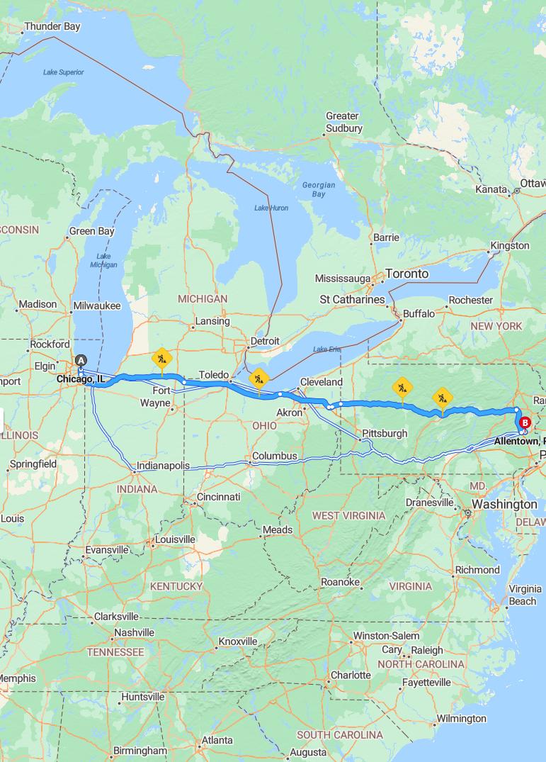 driving from Chicago, Illinois to AllentownPennsylvania - map and route