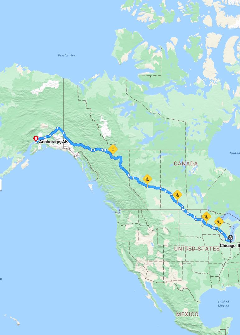 driving from Chicago, Illinois to AnchorageAlaska - map and route