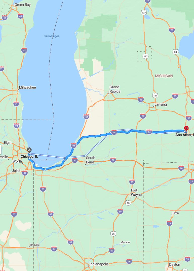 driving from Chicago, Illinois to Ann ArborMichigan - map and route