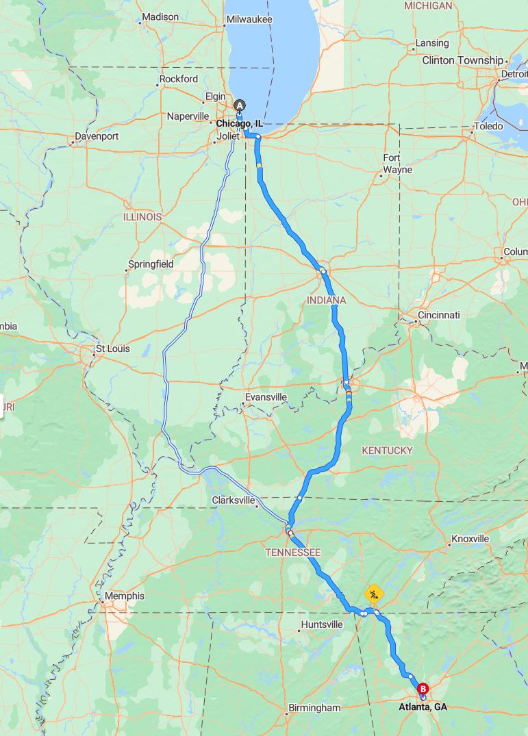 driving from Chicago, Illinois to AtlantaGeorgia - map and route