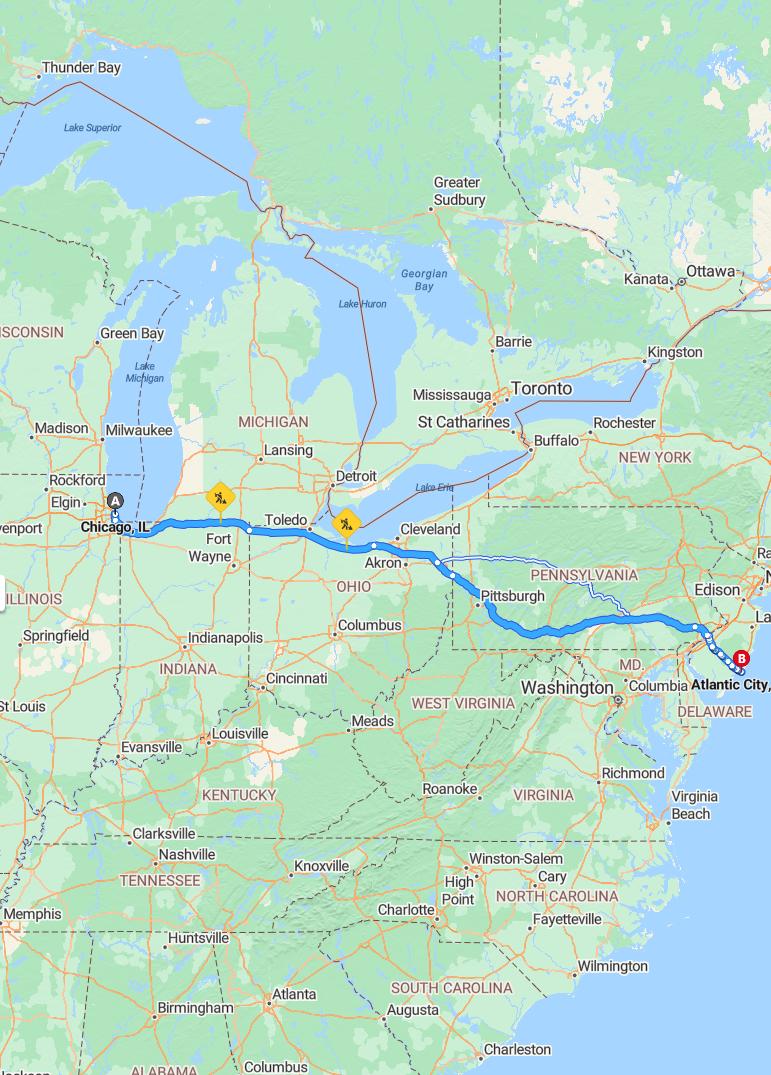 driving from Chicago, Illinois to Atlantic CityNew Jersey - map and route