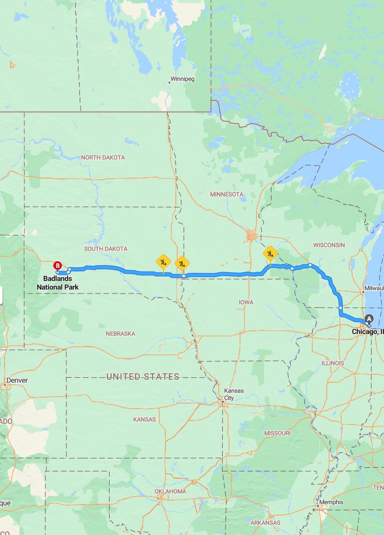 driving from Chicago, Illinois to BadlandsSouth Dakota - map and route