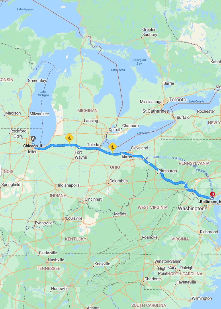 driving from Chicago, Illinois to BaltimoreMaryland - map and route