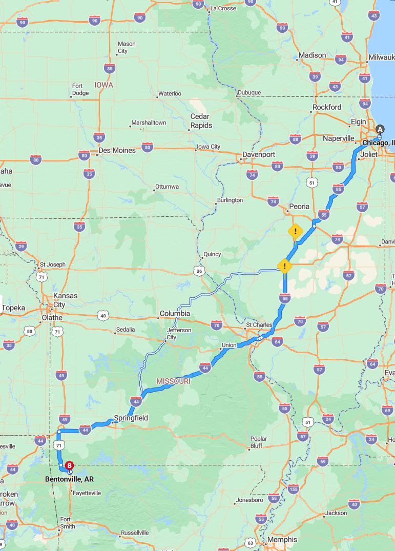 driving from Chicago, Illinois to BentonvilleArkansas - map and route