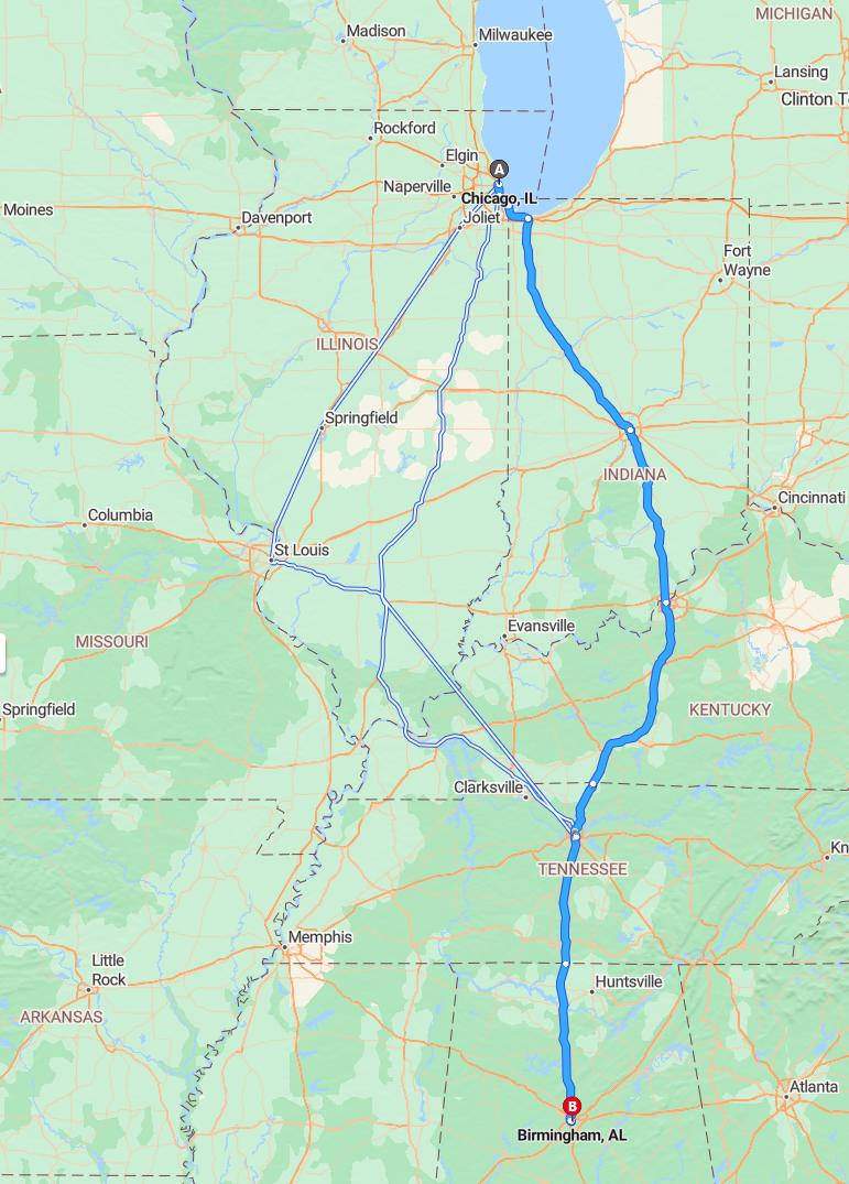 driving from Chicago, Illinois to BirminghamAlabama - map and route