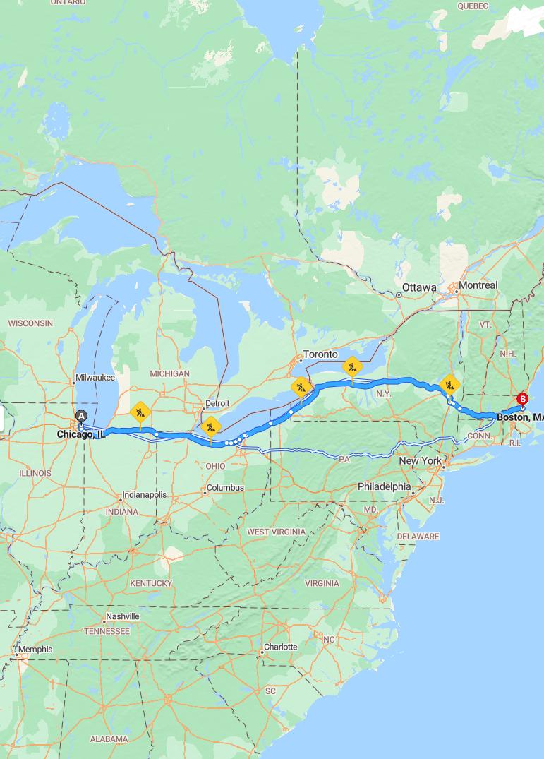 driving from Chicago, Illinois to BostonMassachusetts - map and route