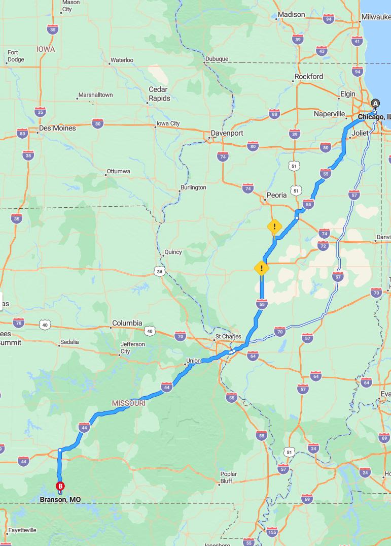 driving from Chicago, Illinois to BransonMissouri - map and route