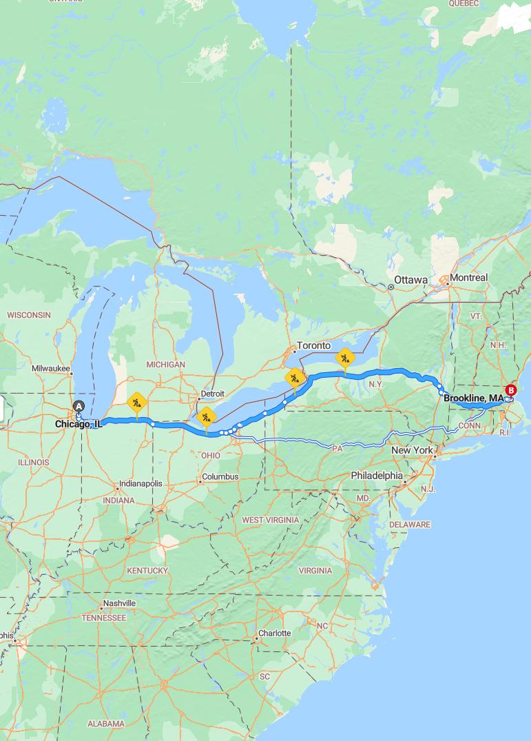 driving from Chicago, Illinois to BrooklineMassachusetts - map and route