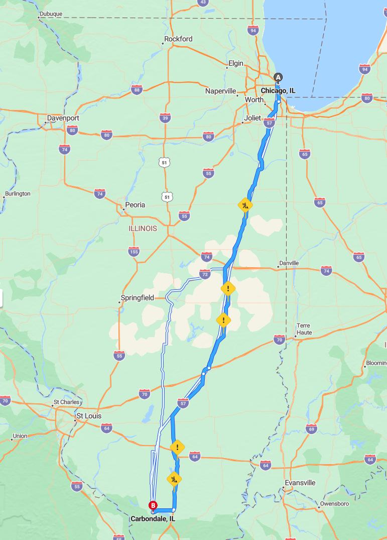 driving from Chicago, Illinois to CarbondaleIllinois - map and route