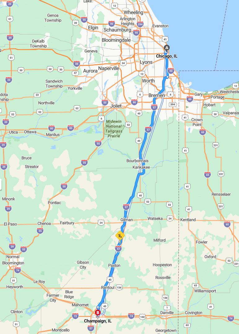 driving from Chicago, Illinois to ChampaignIllinois - map and route