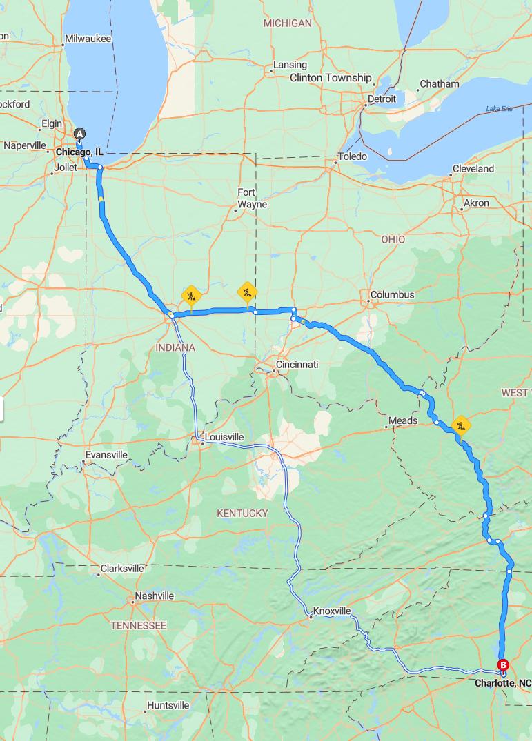 driving from Chicago, Illinois to CharlotteNorth Carolina - map and route
