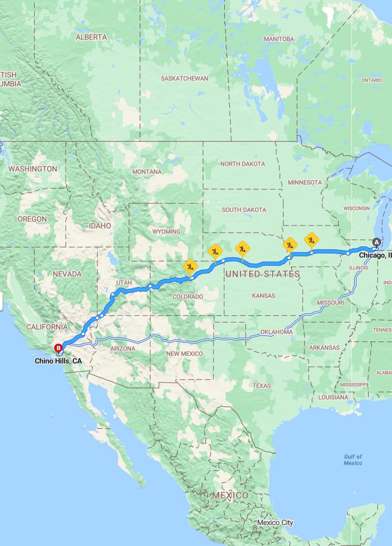 driving from Chicago, Illinois to Chino HillsCalifornia - map and route