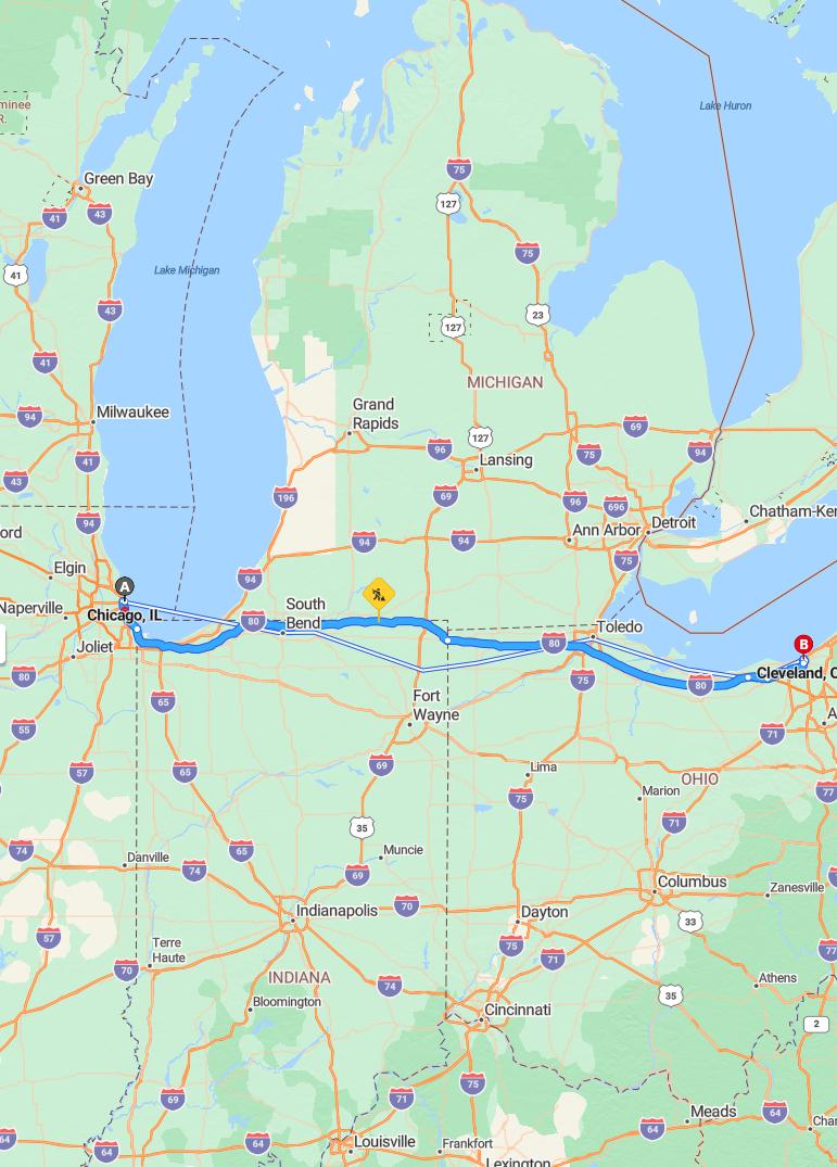 driving from Chicago, Illinois to ClevelandOhio - map and route