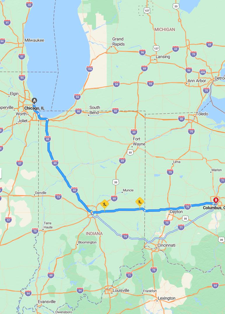 driving from Chicago, Illinois to ColumbusOhio - map and route