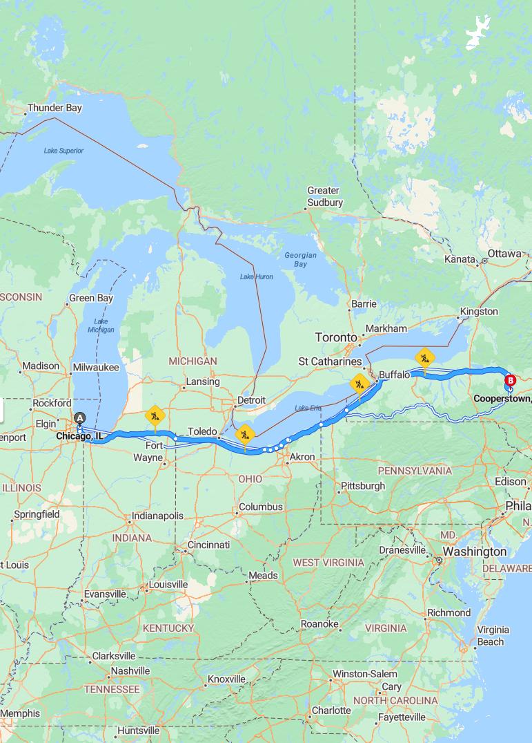 driving from Chicago, Illinois to CooperstownNew York - map and route