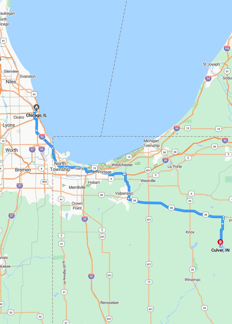 driving from Chicago, Illinois to CulverIndiana - map and route