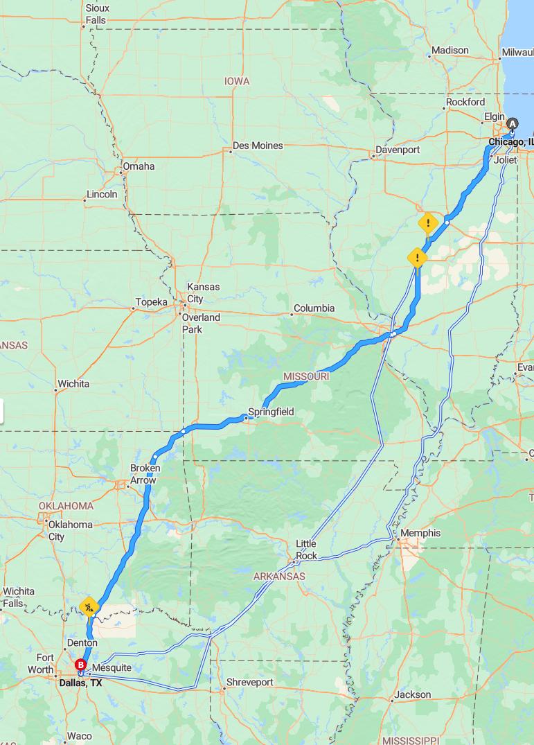 driving from Chicago, Illinois to DallasTexas - map and route