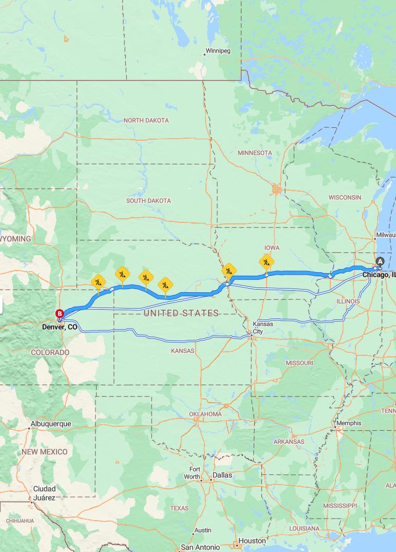 driving from Chicago, Illinois to DenverColorado - map and route