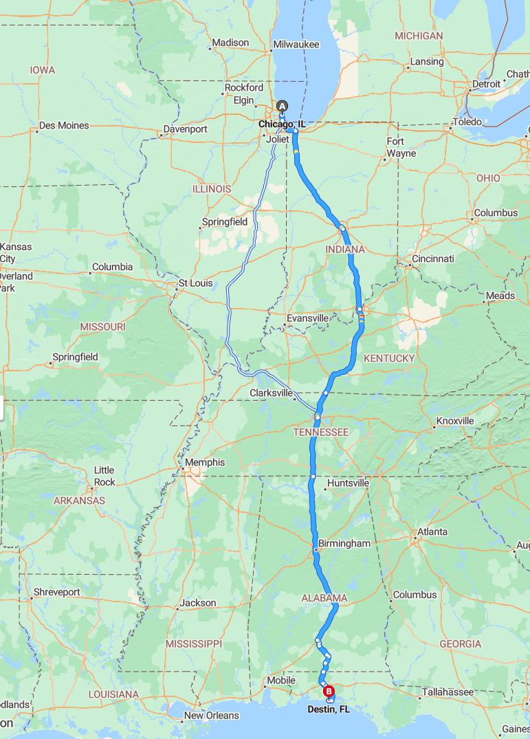 driving from Chicago, Illinois to DestinFlorida - map and route