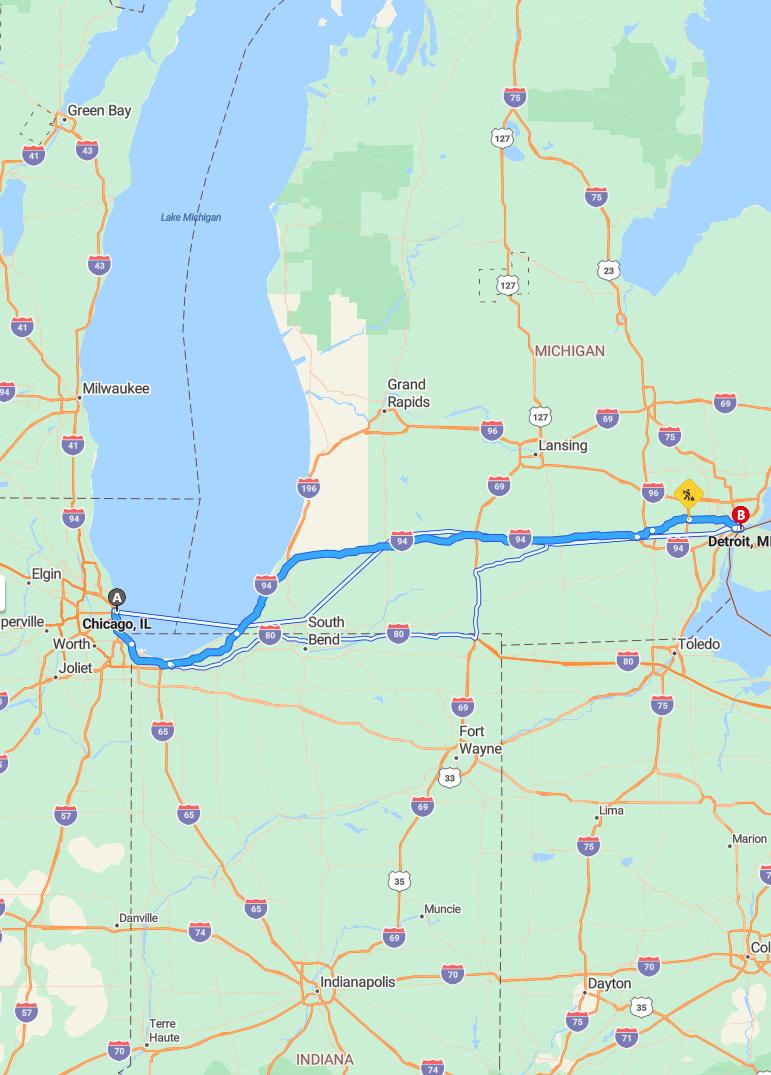driving from Chicago, Illinois to DetroitMichigan - map and route