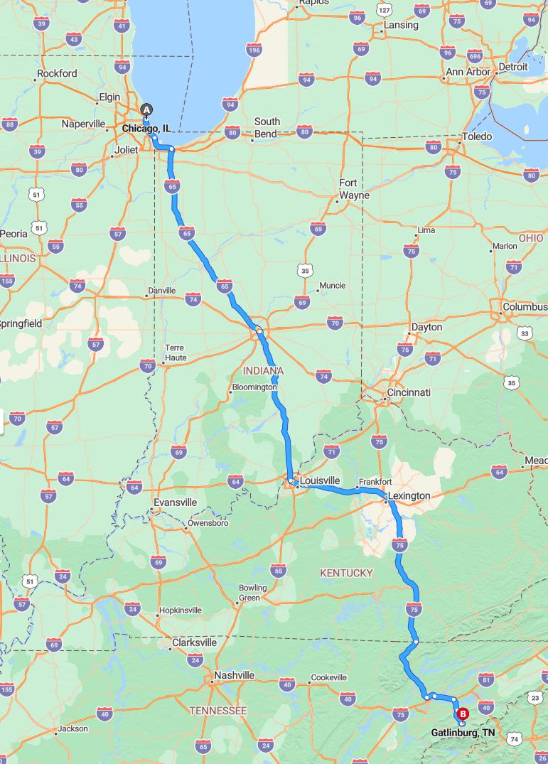 driving from Chicago, Illinois to GatlinburgTennessee - map and route