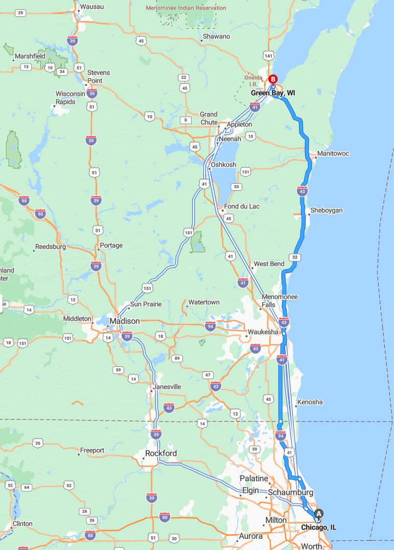 driving from Chicago, Illinois to Green BayWisconsin - map and route