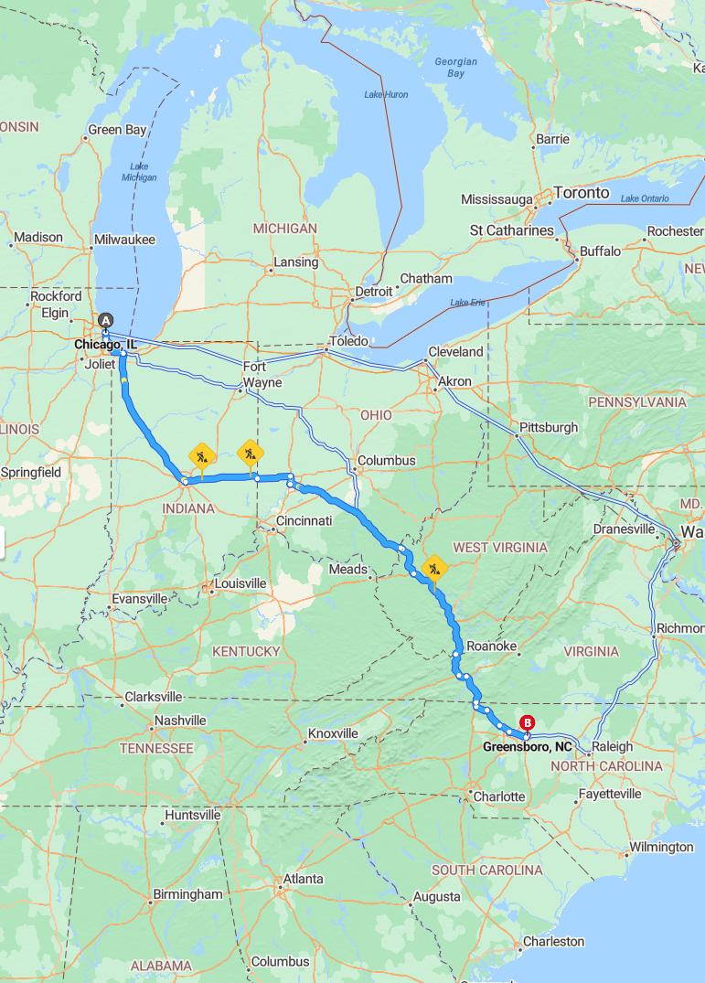 driving from Chicago, Illinois to GreensboroNorth Carolina - map and route