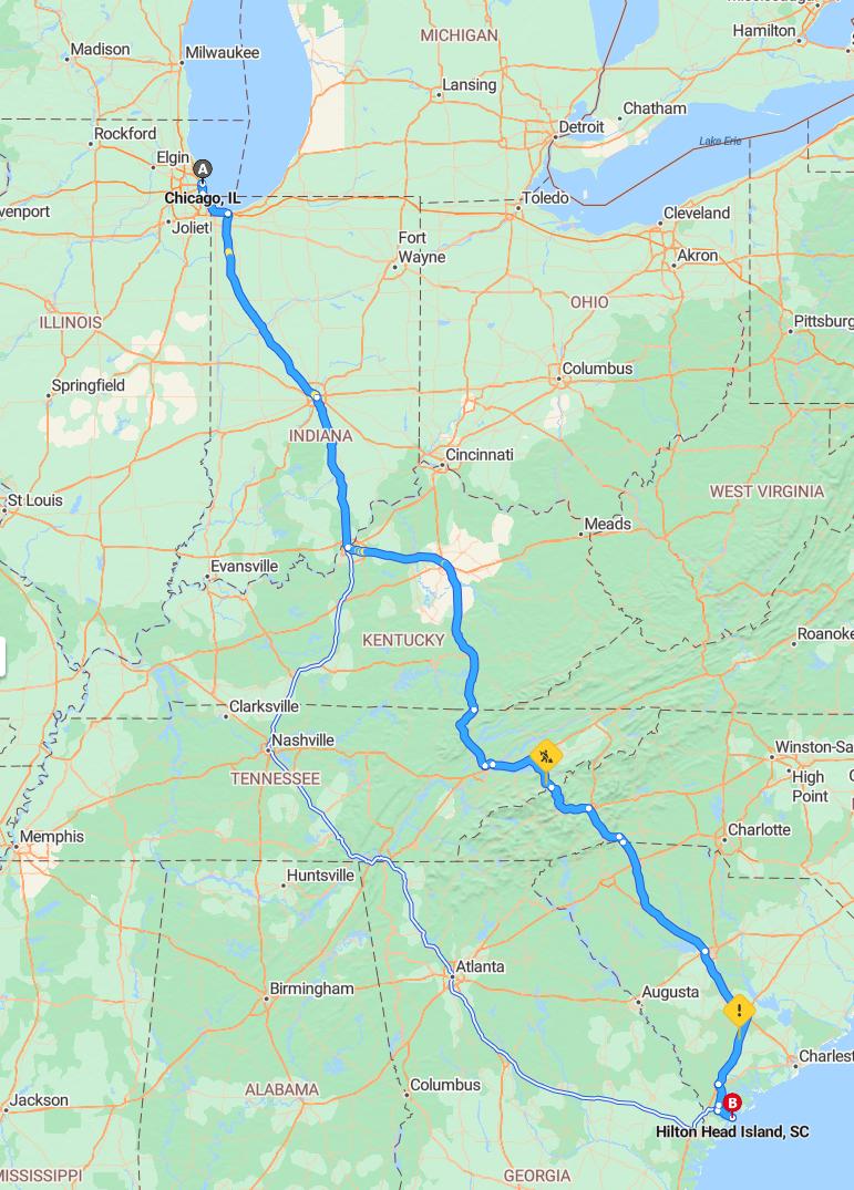 driving from Chicago, Illinois to Hilton HeadSouth Carolina - map and route