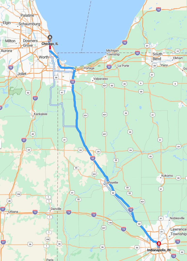 driving from Chicago, Illinois to IndianapolisIndiana - map and route