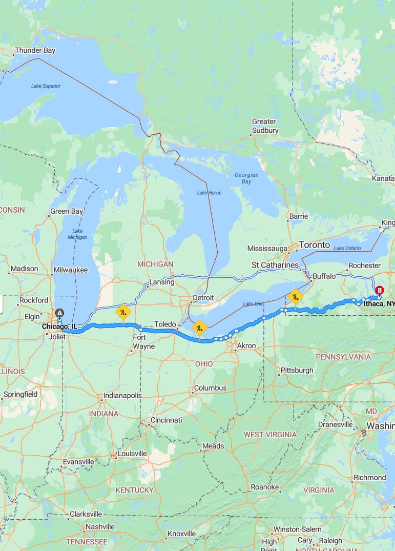 driving from Chicago, Illinois to IthacaNew York - map and route