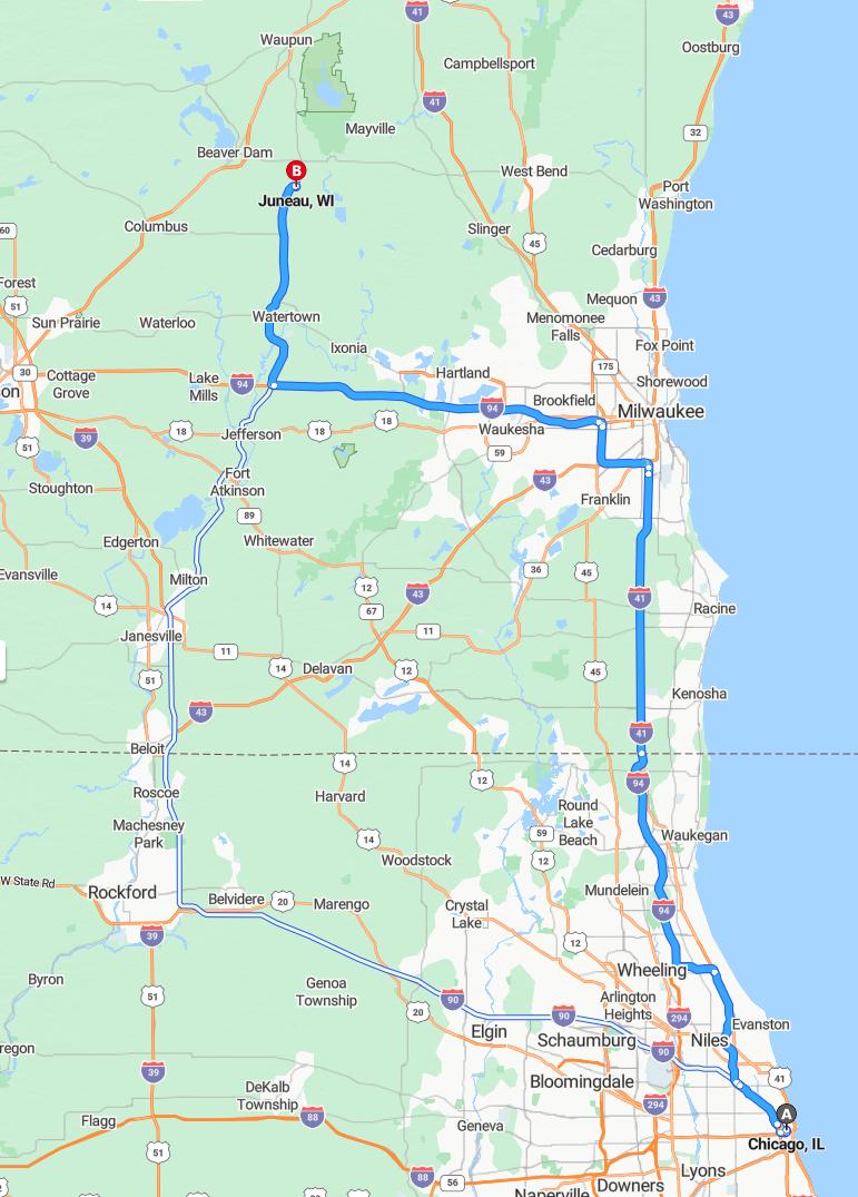 driving from Chicago, Illinois to JuneauWisconsin - map and route