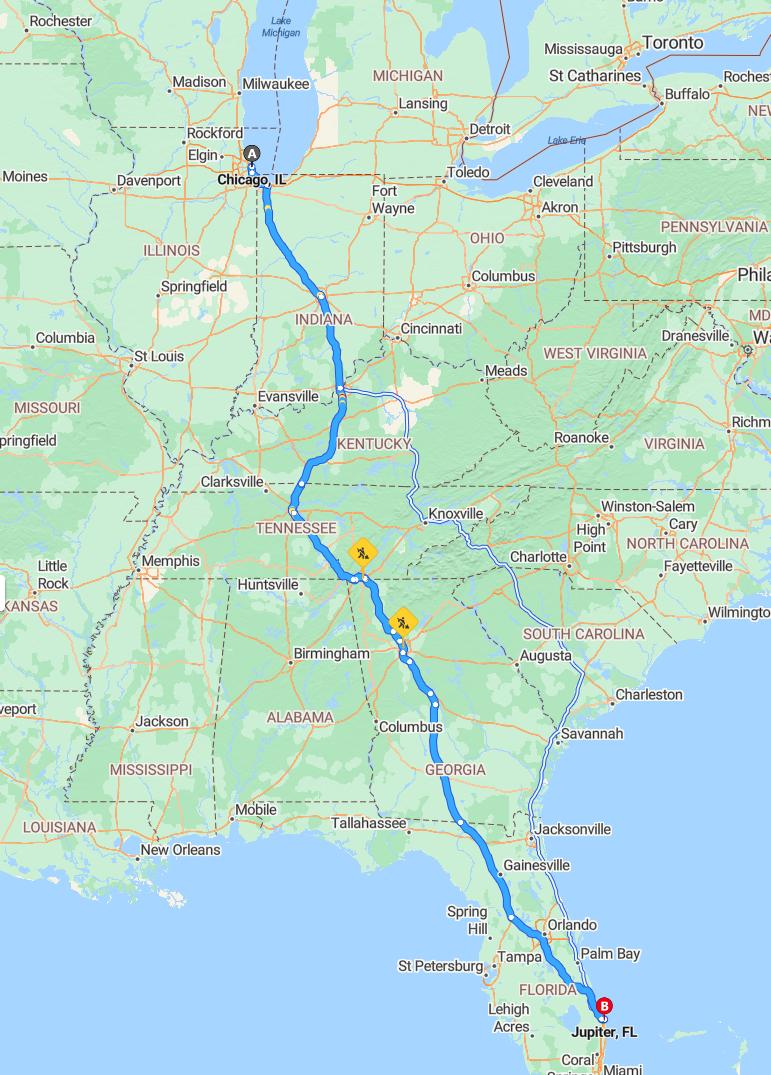 driving from Chicago, Illinois to JupiterFlorida - map and route