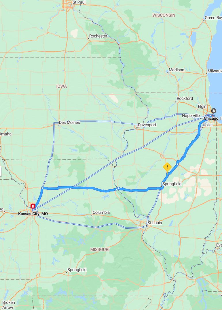 driving from Chicago, Illinois to Kansas CityMissouri - map and route