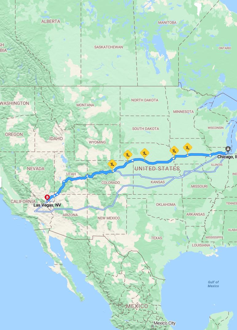 driving from Chicago, Illinois to Las VegasNevada - map and route
