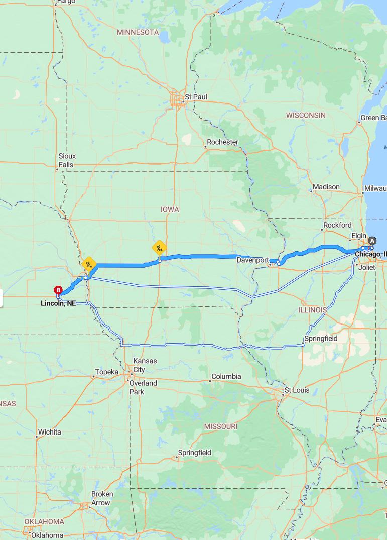 driving from Chicago, Illinois to LincolnNebraska - map and route