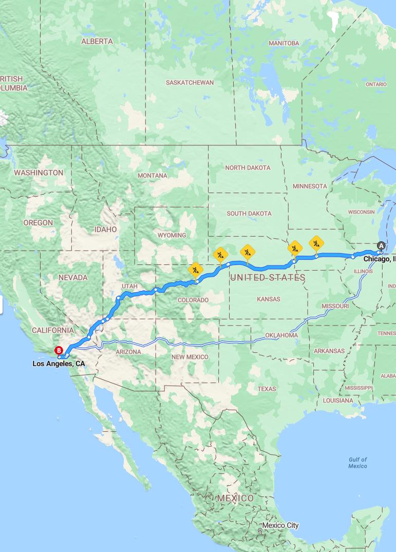 driving from Chicago, Illinois to Los AngelesCalifornia - map and route