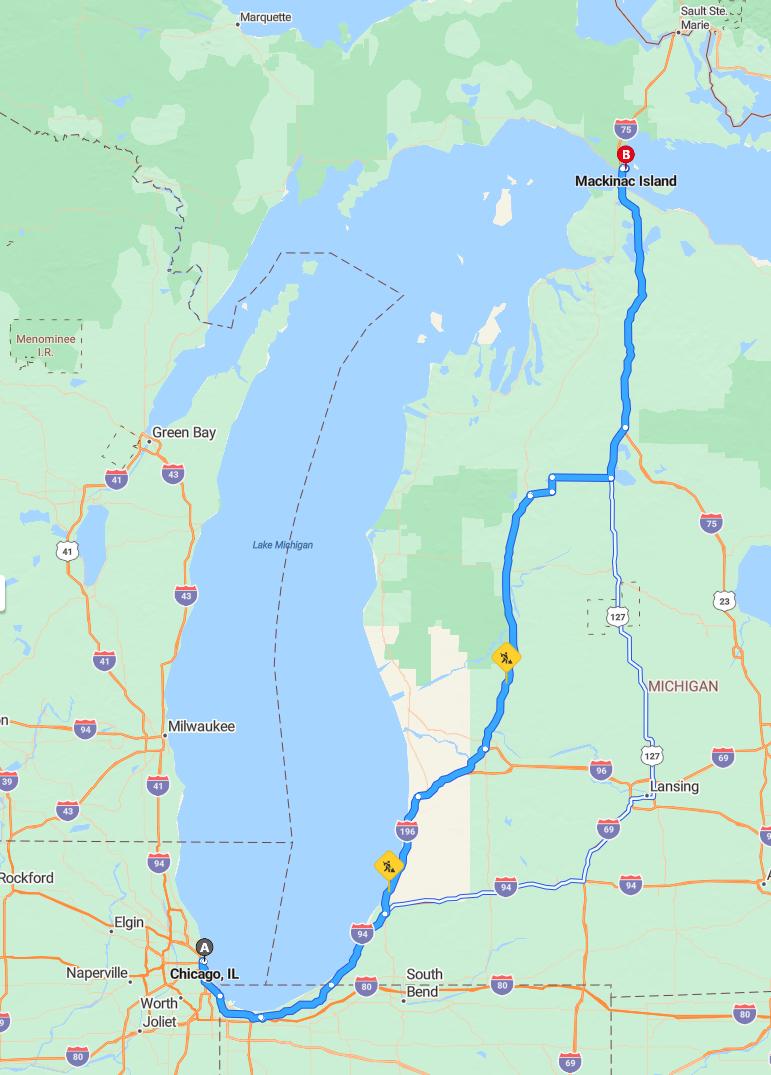 driving from Chicago, Illinois to Mackinac IslandMichigan - map and route