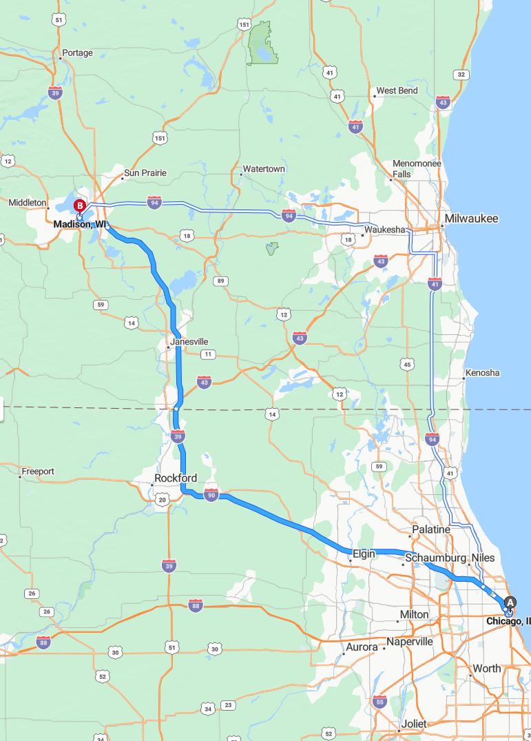 driving from Chicago, Illinois to MadisonWisconsin - map and route