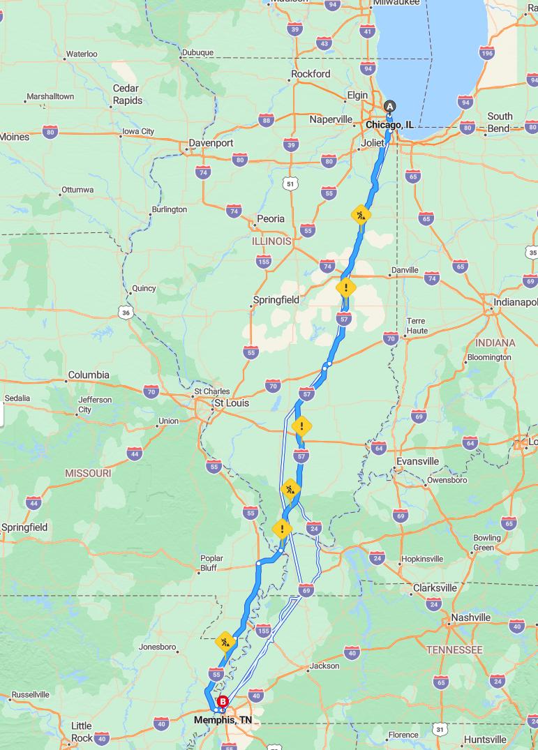 driving from Chicago, Illinois to MemphisTennessee - map and route