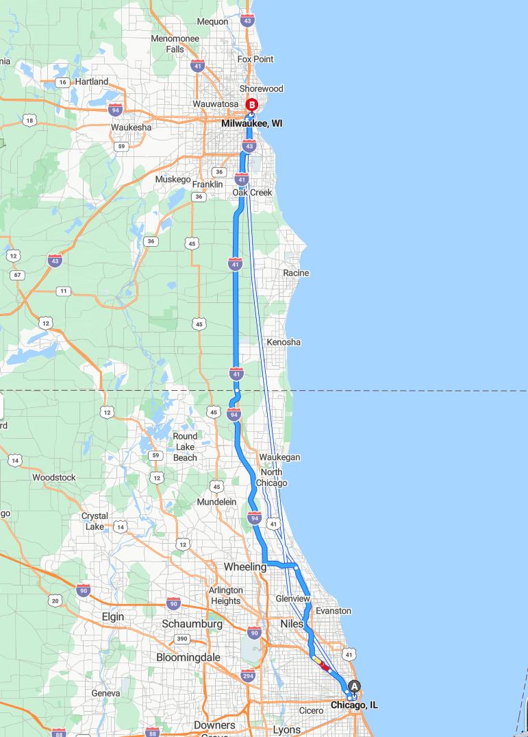 driving from Chicago, Illinois to MilwaukeeWisconsin - map and route